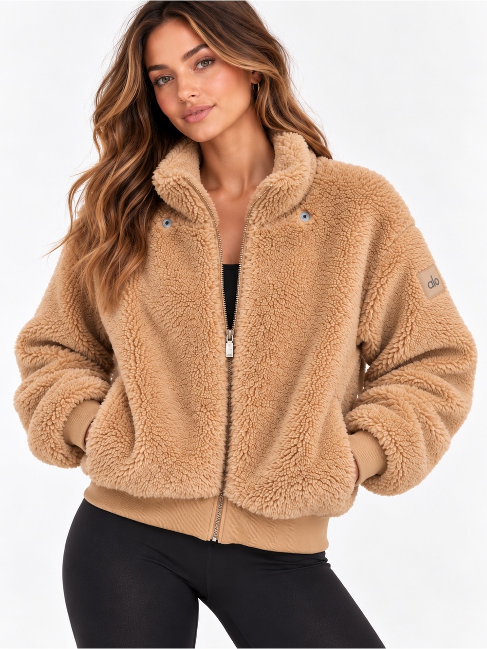 Alo Yoga Foxy Sherpa Jacket Camel Tan Size Medium Faux Fur Zip Front
